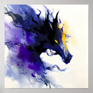 Abstract Aquarel Zwart Paardenportret Poster