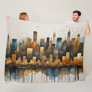 Abstract aquarelschilderij blauw stadsaanzicht fleece deken