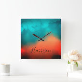 Abstract Art Script Naam Blauw Blauwgroen Sinaasap Vierkante Klok (Huis)