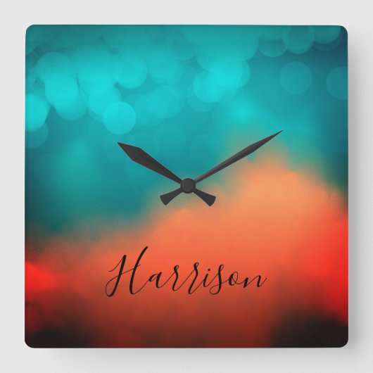Abstract Art Script Naam Blauw Blauwgroen Sinaasap Vierkante Klok (Voorkant)