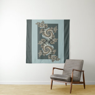 Abstract Beige Lichtblauwe Fractale Kunst Spiralen Wandkleed