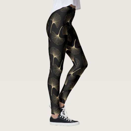 Abstract bladpatroon met zwart en licht goud leggings (Rechts)