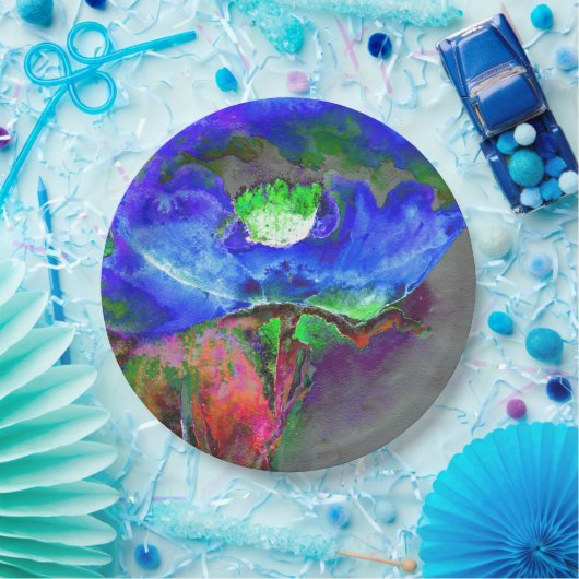 Abstract blauw bloemenblauw waterverf papaver papieren bordje (Feest)
