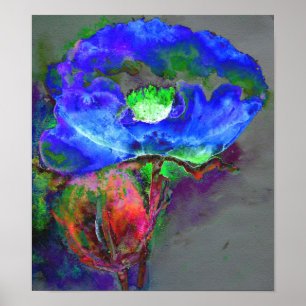 Abstract blauw bloemenblauw waterverf papaver poster