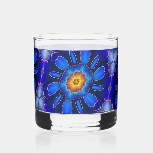 Abstract blauw bloemenpatroon whisky glas (Links)