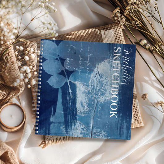 Abstract Blauw Botanisch Schetsboek Monogram Notitieboek