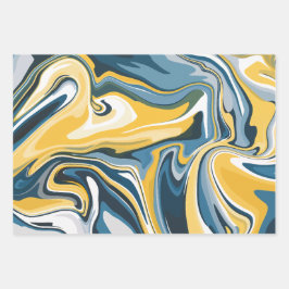 Abstract blauw en geel vloeiend patroon inpakpapier vel