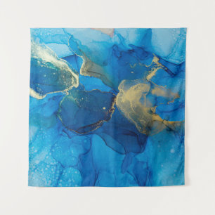 Abstract blauw en goudfragment van kleurrijke rugg wandkleed