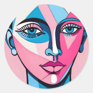 Abstract Blauw en Roze Gezichtskunst Ronde Sticker