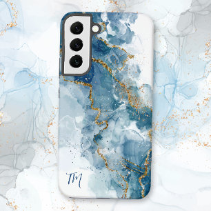 Abstract blauw/gouden glitter alcoholinkt Monogram Samsung Galaxy Hoesje