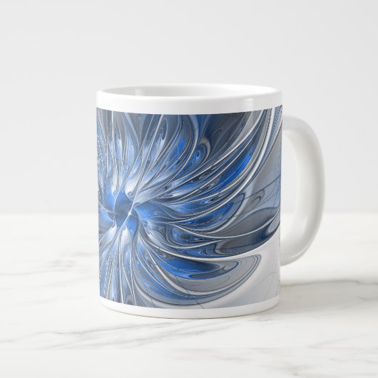 Abstract Blauw Grijs Waterverf Fractal Art Flower Extra Grote Beker (Voorkant rechts)