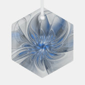 Abstract Blauw Grijs Waterverf Fractal Art Flower Glas Ornament (Voorkant)