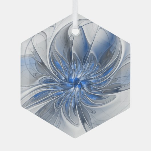 Abstract Blauw Grijs Waterverf Fractal Art Flower Glas Ornament (Voorkant)