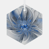 Abstract Blauw Grijs Waterverf Fractal Art Flower Glas Ornament (Achterkant)
