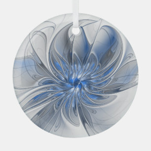 Abstract Blauw Grijs Waterverf Fractal Art Flower Glas Ornament