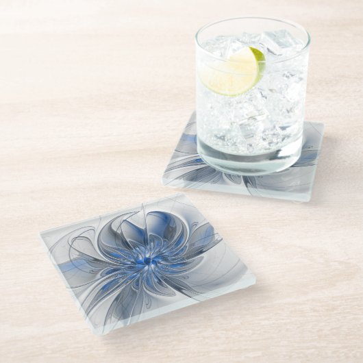 Abstract Blauw Grijs Waterverf Fractal Art Flower Glazen Onderzetter (Schuin)