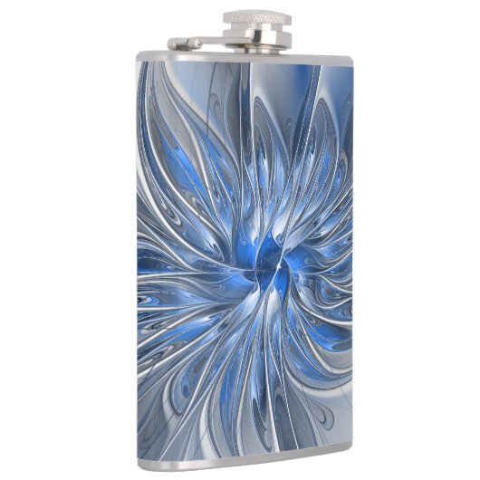 Abstract Blauw Grijs Waterverf Fractal Art Flower Heupfles (Rechts)