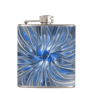 Abstract Blauw Grijs Waterverf Fractal Art Flower Heupfles