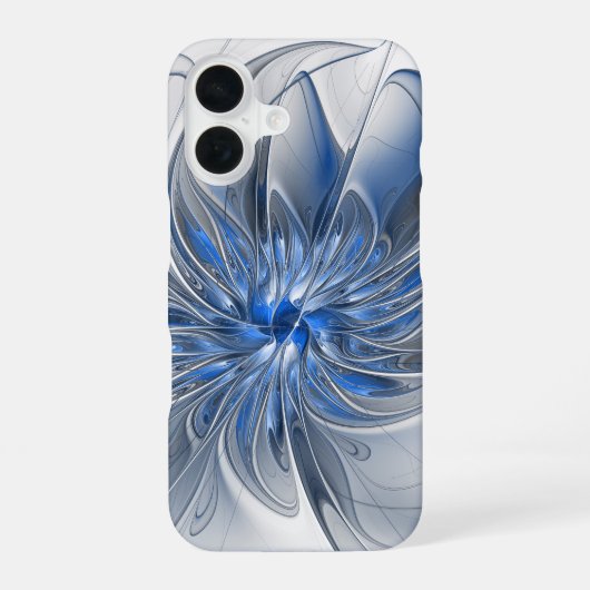 Abstract Blauw Grijs Waterverf Fractal Art Flower iPhone 16 Hoesje (Achterkant)