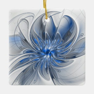 Abstract Blauw Grijs Waterverf Fractal Art Flower Keramisch Ornament