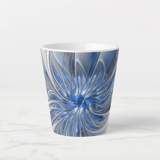 Abstract Blauw Grijs Waterverf Fractal Art Flower Latte Mok (Voorkant)