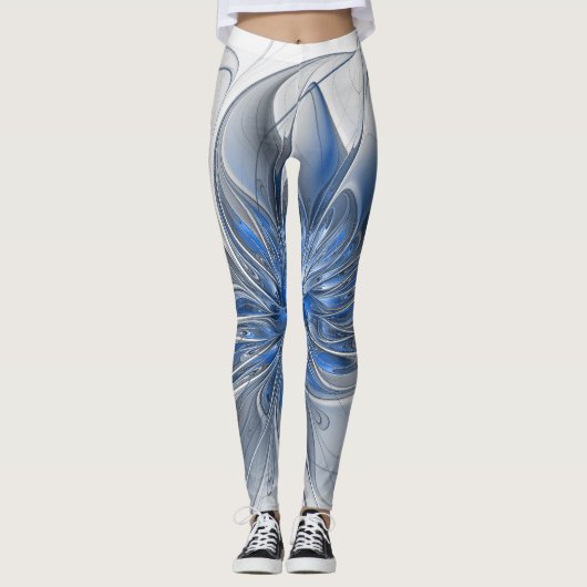 Abstract Blauw Grijs Waterverf Fractal Art Flower Leggings (Voorkant)