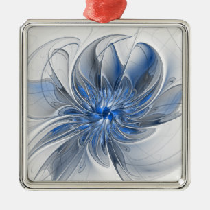 Abstract Blauw Grijs Waterverf Fractal Art Flower Metalen Ornament