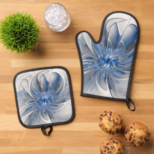 Abstract Blauw Grijs Waterverf Fractal Art Flower Ovenwant & Pannenlap Set