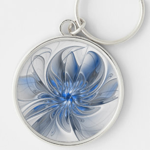 Abstract Blauw Grijs Waterverf Fractal Art Flower Sleutelhanger