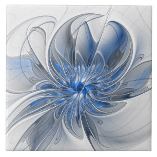 Abstract Blauw Grijs Waterverf Fractal Art Flower Tegeltje
