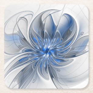 Abstract Blauw Grijs Waterverf Fractal Art Flower Vierkante Kartonnen Onderzetter