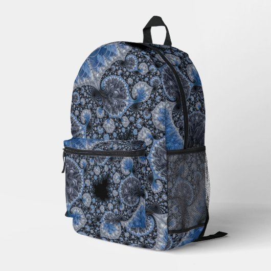 Abstract Blauw Grijs Zwart Fractal Bedrukte Rugzak (Achterkant Hoek Rechts)