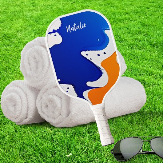 Abstract Blauw & Oranje Verf Splatter Monogram Pickleball Paddle