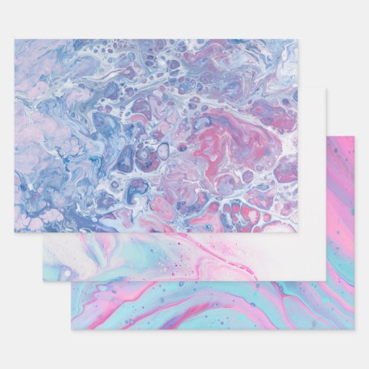 Abstract Blauw, Roze en Wit Marmered Art Inpakpapier Vel (Set)