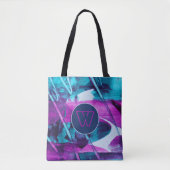 Abstract blauw roze penseelstreken monogram draagtas (Voorkant)