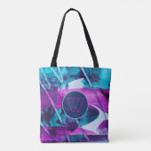 Abstract blauw roze penseelstreken monogram draagtas (Achterkant)