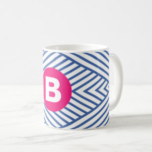 Abstract Blauw Streperig Patroon Roze Monogram Koffiemok