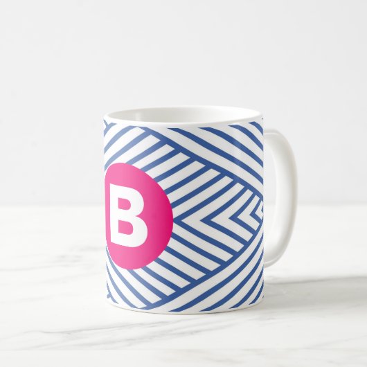 Abstract Blauw Streperig Patroon Roze Monogram Koffiemok (Voorkant rechts)
