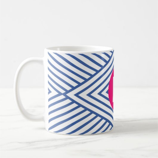 Abstract Blauw Streperig Patroon Roze Monogram Koffiemok (Links)