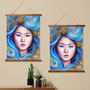 Abstract blauw Surrealisme Fantasy Woman Portret Hangend Wandkleed
