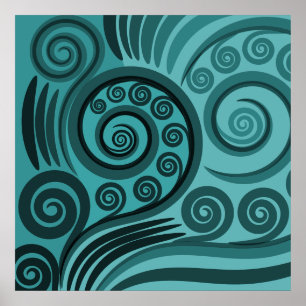 Abstract Blauw Varen Frond Curls Poster