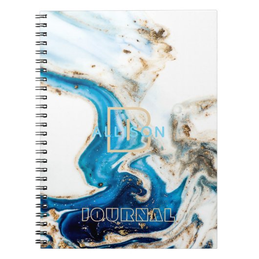 Abstract blauw wit marmer monogram notitieboek (Voorkant)