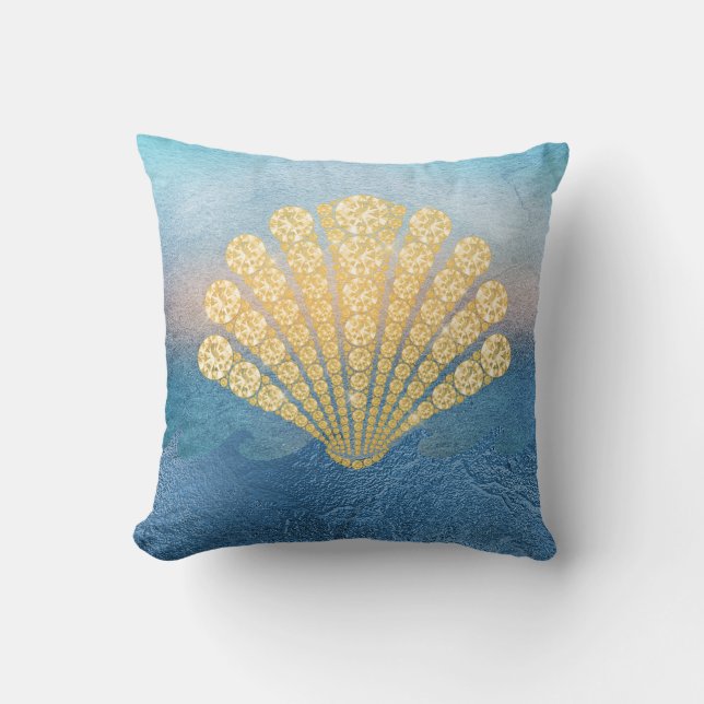 Abstract blauw Zee Gold Diamond Seashell Kussen (Voorkant)