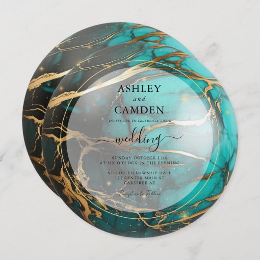 Abstract Blauwgroen en Goud Hemelse Bruiloft Kaart (Voorkant / Achterkant)