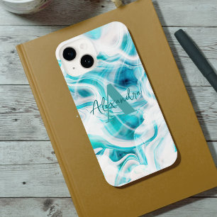 Abstract Blauwgroen Witte Vloeibare Verf Chic Manu iPhone 14 Hoesje