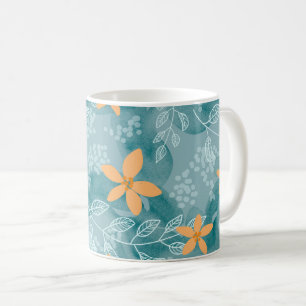 Abstract bloemmotief sinaasappel blauwgroen koffiemok