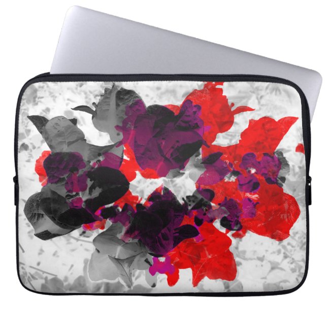 Abstract bloemontwerp - rood en paars boven wit laptop sleeve (Voorkant)