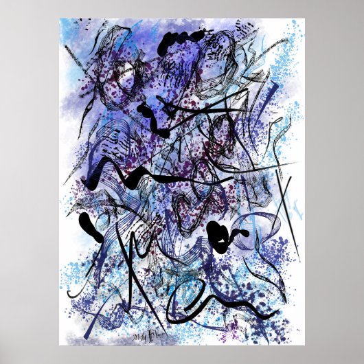 Abstract Blue Black Brushstrokes Splashes Wall Art Poster (Voorkant)