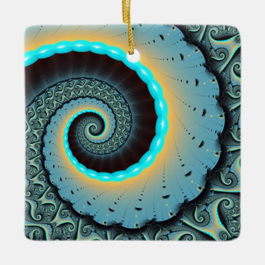Abstract Blue Turquoise Oranje Fractal Art Spiral Keramisch Ornament (Voorkant)