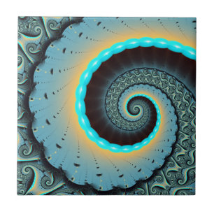 Abstract Blue Turquoise Oranje Fractal Art Spiral Tegeltje